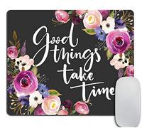 Office Mouse Pad Custom,Good Things Take Time Motivational Inspirational Quote Rectangle Mouse Pad Pink Bordo Violet White Watercolor Floral Mousepads 7.9X9.4 Inch