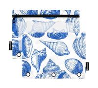 Office Pencil Pouch 3 Ring Binder Zipper Binder Pencils Bags Fabric School Clear Binders Pockets Seashells Blue Ink White 9.8" x 7.1", 2 Packs