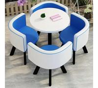 Office Reception Table and Chair Set, Round Negotiation Dining Table Set with 4 PU Leather Chairs, Small Conference Room Set of 5, for Office, Kitchen, Living Room(Blue)