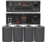 Office/Shop Bluetooth Music System | SMART HOME Stereo Amp | 4x 3" 60W Black Wall Mounted Speakers & 110W HiFi Amp | Wireless Background Music Player Kit | Echo/Alexa | CD player FM Radio Receiver