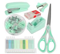 Office Supplies, Desk Storage and Accessories, Stapler and Tape Dispenser Set, 1000 Clips, Long Tail Clips, Paper Clips, Stapler Remover for Study, School, Office Supplies Set, (Green)