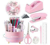 Office Supplies Pink Stapler Set,Practical Office and Learning Stationery, Including Stapler, Tape, Tape Holder, 360 Degree Rotating Pen Holder Ruler Pen Scissors Clip Paper Clip
