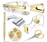 Office Supplies Set Desk Accessory Kit, Acrylic Stapler Set Staple Remover, Tape Dispenser, Binder Clips, Paper Clips, Ballpoint Pen and Scissor with 1000 Pieces 26/6 Staples (Gold)