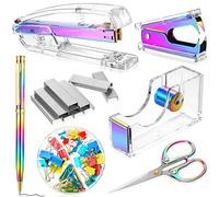 Office Supplies Set Desk Accessory Kit, Acrylic Stapler Set Staple Remover, Tape Dispenser, Binder Clips, Paper Clips, Ballpoint Pen and Scissor with 1000 Pieces 26/6 Staples (Rainbow Color)