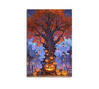 Office Wall Painting Art Canvas Posters-Halloween Poster Pumpkin Ancient Tree And Fantasy Town Festival Scene Halloween Decorations Show Fairy - Tale Atmosphere 12x18inch(30x45cm)Unframe-style
