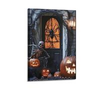 Office Wall Painting Art Canvas Posters-Halloween Poster Skeleton Spider Pumpkin Lantern Halloween Decorations Fully Enhancing The Festival Atmosphere at The Door 24x36inch(60x90cm)Frame-style