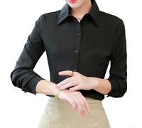 Office Work Long Sleeve Blouse for Women Button Up Solid Color Shirt Suitable for Business Attire (L Black)