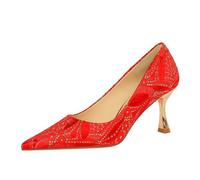 Office Work Shoes for Women, Comfortable Closed Pointed Toe Shiny Stiletto Heels, 3-inch Slip On Pumps Shoes Business Red