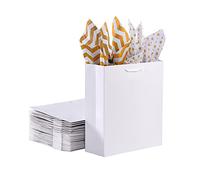 OfficeCastle 4 Pcs White Paper Bags with Tissue Paper | 8x4x11in/20x10x28 cm, Medium Gift Bags, White Gift Bags with Handles