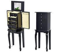 OFFICEJOY Jewelry Armoire Cabinet w/Top Flip Mirror, Wooden Jewelry Storage Chest w/ 4 Drawers, 2 Side Door, 8 Necklace Hooks, Standing Jewelry Organizer for Ring Necklace Bracelet (Black)