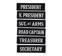 Officer Title Rank Vest Patches President VP MC Biker club Patch Set (6pc-Iron On-WHT-BLK)