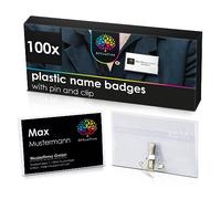 OfficeTree 100 x Name Badges with Clip and Pin Integrated - Including 110 x Cards to Print On - Name Badge Holders for Business Cards - Plastic Name Badges - Clear Badge Holder - Conference Badges