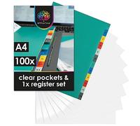 OfficeTree 100 x Punched Pockets A4 - Plastic Wallets A4 Punched Includes 1 to 12 Register - Perforated for Important Documents - A4 Document Wallets - Poly Pockets A4