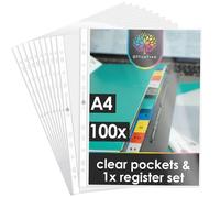 OfficeTree 100x Punched Pockets A4 - Crystal Clear Plastic Wallets A4 Punched incl. 1 to 12 Register - Strong Plastic Sleeves for Documents - Document Wallets - Poly Pockets Stationary