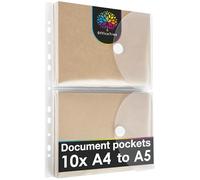 OfficeTree 10x Plastic Document Pockets A5 Folders per A4 Sheet (20pcs.) - A5 Popper Wallets with 120 Hole Reinforcer - Document Wallet with Fastener and Filing Edge