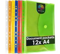 OfficeTree 12x Plastic Wallets A4 Punched - 5X Coloured and 7X Clear Folders - 240 Hole Reinforcer Against Tear Out - Folders with Plastic Pockets - File Pockets with Hook and Loop Fastener