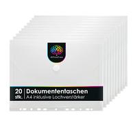OfficeTree 20 x Document Pockets A4 Fileable with 120 Hole Reinforcers - Folio Pocket A4 - Document Folder A4 for Filing - Clear Pockets with Fastener and Filing Edge