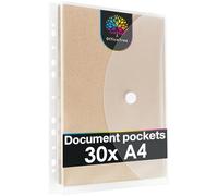 OfficeTree 30 x Clear Plastic Wallets A4 Punched with 200 Hole Reinforcer - Plastic Wallets for Ring Binders - Transparent Document Pockets A4 for Document Storage - Punched Folders with Pockets