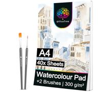 OfficeTree 40x Watercolour Paper A4 Pad - 300gsm incl. 2 Brushes - Water Colour Paper for Watercolour Painting - Dual Sided Smooth und Textured Watercolor Paper A4 for Drawing - Acid-Free