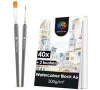 OfficeTree 40x Watercolour Paper A6 300gsm - Watercolour Pad A6 with 2X Brushes - Painting Paper - Watercolour Postcards Pad - A6 Watercolour Sketchbook - Small Watercolour Pad - Watercolour Journal