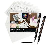 OfficeTree 50 x Blank Postcards A6-300 g/m² - Includes 2 Calligraphy Pens and 12 Templates - A6 Cards White - Postcards Blank for DIY - A6 Card White/Blank