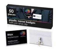 OfficeTree 50 x Name Badges with Clip and Pin Integrated - Including 60 x Cards to Print On - Name Badge Holders for Business Cards - Plastic Name Badges - Clear Badge Holder - Conference Badges