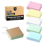 OfficeTree 500 x Ring Flashcards A8-5 Colours - Revision Cards on a Ring and Storage Box - Lined Flash Cards Revision - Small Flash Cards - Study Card for Exams