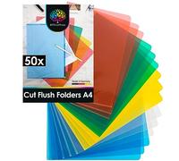 OfficeTree 50x Cut Flush Folders A4-5 Colours - Gloss & Plain - Coloured Plastic Wallets A4 Open Top and Side - Plastic Sleeves L Type Folder to Protect Paperwork - File Covers - Coloured Folders