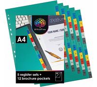 OfficeTree 5X Folder Dividers A4 Plastic - 12 Parts - Including 12x Punched Pockets and 5X Index - Plastic Dividers A4 - Dividers for Lever Arch Files - File Separators - Binder Dividers