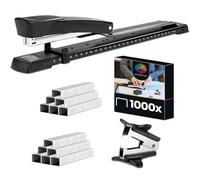 OfficeTree Long Arm Stapler - Long Stapler with 1 Staple Remover & 1000 Staples - Long Reach Stapler, Ideal for Brochures - Large Stapler for DIN A3 Paper - Black Stapler with Paper Guide