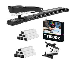 OfficeTree Long Arm Stapler - Long Stapler with 1 Staple Remover & 1000 Staples - Long Reach Stapler, Ideal for Brochures - Large Stapler for DIN A3 Paper - Black Stapler with Paper Guide