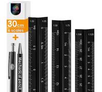 OfficeTree Metal Scale Ruler 30cm with Mechanical Pencil - Aluminium - 300mm Triangular Scale Ruler Architect - Metric Scaled 1:20, 1:25, 1:50, 1:75, 1:100, 1:125 - Architecture Stationary