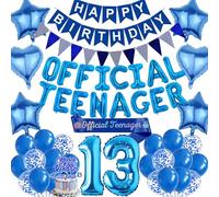 Official 13th Birthday Decorations for Boys - 68 Piece Blue Party Supplies Includes Banners Pennants Sash Cake Toppers Balloons