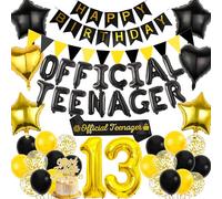 Official 13th Birthday Decorations for Boys - 77 Piece Black & Gold Teen Party Supplies Includes Banners, Pennants, Sash, Cake Toppers, Balloons