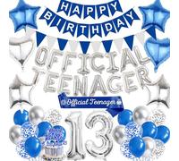 Official 13th Birthday Decorations for Boys - 77 Piece Blue Silver Teen Party Supplies Includes Happy Birthday Banners, Pennants, Sash, Cake Toppers, Balloons
