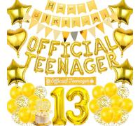 Official 13th Birthday Decorations for Boys - 77 Piece Gold Teen Party Supplies Includes Banners, Pennants, Sash, Cake Toppers, Balloons