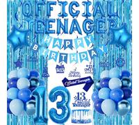 Official 13th Birthday Decorations for Boys, Blue Official Teenager Balloon Happy Birthday Banner, Blue Hanging Swirls Streamers, Foil Curtain, Star 13 Foil Balloon, Sash, 13th Teenager Boy Party Deco