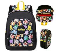 Official Pokémon Children's Backpack - School Bag Boys Girls 36x28x12 cm - Large Compartment + Front Pocket - Pikachu Bulbasaur Charmander Eevee - Black Multicolour