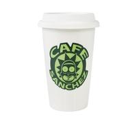 Official Rick and Morty Cafe Sanchez Coffee Cup with Lid [12 oz] Insulated Tumbler, Double Wall Ceramic Travel Mug, Tea Mug, Home, Gym, Outdoors, Hot or Ice Cold Drinks, By JustFunky