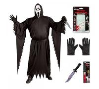 Official Scream/Ghost Face® Costume with Mask + Black Gloves + Bloody Blade + Voice Changer : Horror Film Halloween Adult Fancy Dress