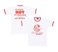 Official Stranger Things Surfer Boy Pizza Red Ringer Unisex White T-Shirt, X-Large