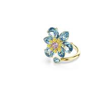 [Official] [Swarovski] Idyllia Open Ring, Mixed Cut, Flower, Blue, Gold Tone Plating, Crystal, No Gemstone