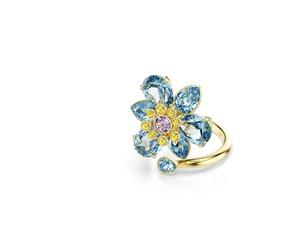 [Official] [Swarovski] Idyllia Open Ring, Mixed Cut, Flower, Blue, Gold Tone Plating, Crystal, No Gemstone
