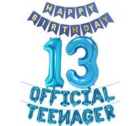 Official Teenager 13th Birthday Decorations - Boys & Girls, Happy Birthday Banner, Number 13 Foil Balloons for 13 Years Old Anniversary Supplies (Blue)