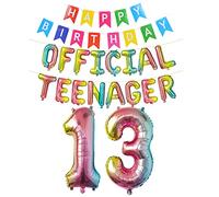 Official Teenager 13th Birthday Decorations - Boys & Girls, Happy Birthday Banner, Number 13 Foil Balloons for 13 Years Old Anniversary Supplies (Rainbow)