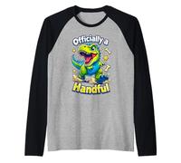 Officially a Handful Kids Toddlers Funny T-Rex Dino Birthday Raglan Baseball Tee