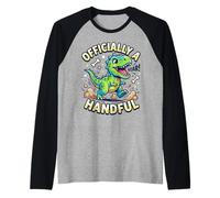 Officially a Handful Kids Toddlers Funny T-Rex Dino Birthday Raglan Baseball Tee