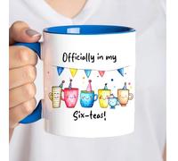 Officially in My Six-Teas Ceramic Mug, 60th Birthday Gift- Blue | Funny Pun Design, Coloured Handle & Interior, Multiple Colour Options, Tea Lover, Novelty Birthday Mug