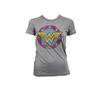 Officially Licensed Merchandise Wonder Woman Distressed Logo Girly Tee (H.Grey), Medium