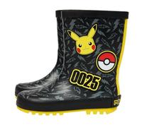 Officially Licensed Pokemon Pikachu 0025 Kids Wellies Black And Yellow Lightning Print PVC Rain Boots Waterproof Non-Slip Sole Comfortable Durable Wellingtons Boys Girls UK Shoe Size 9-2
